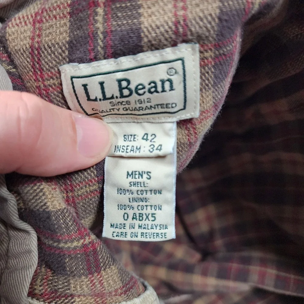 VINTAGE LL Bean Pants Mens 42x34 (Fits 38x32) Beige Flannel‎ Lined Chino Winter